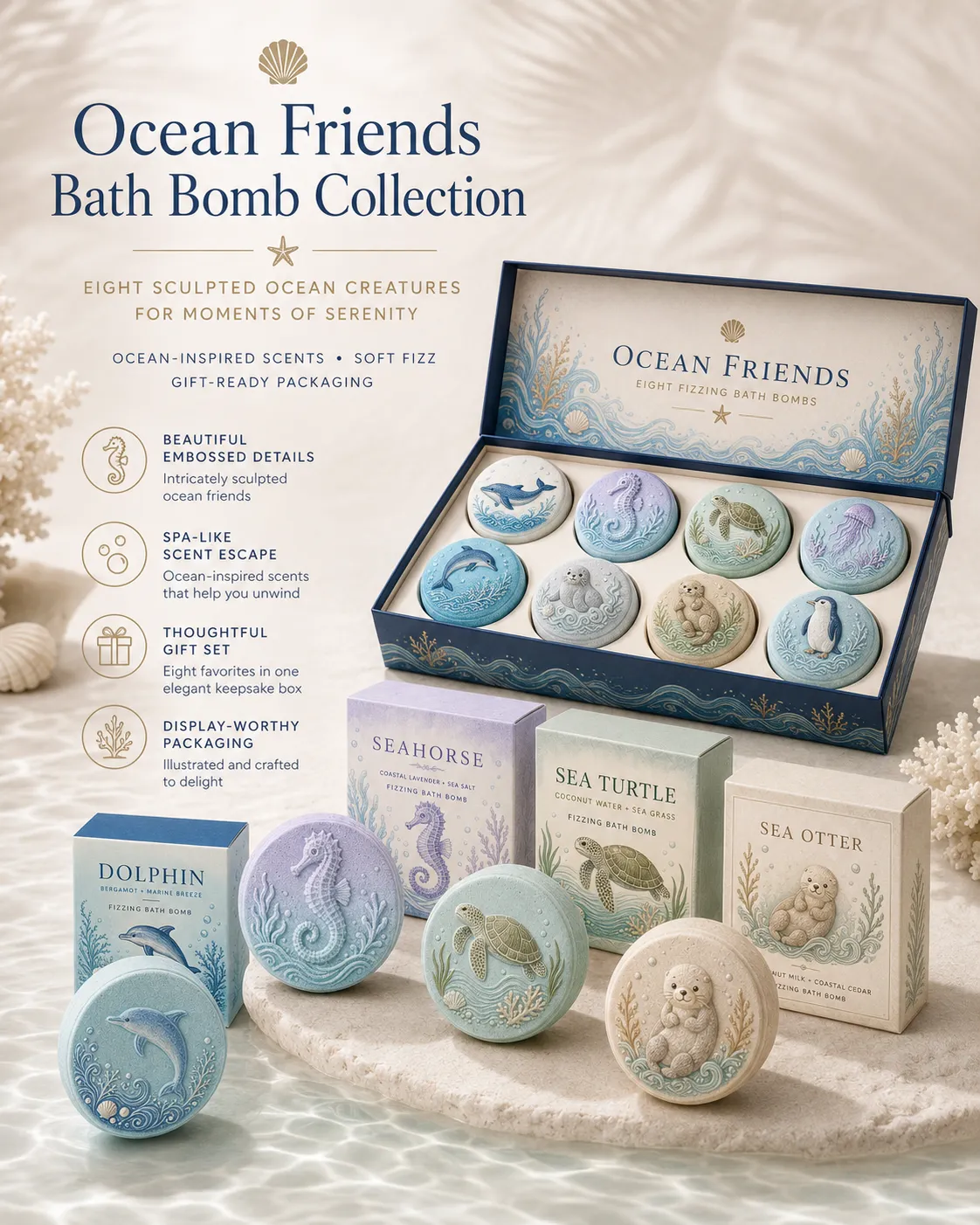 Ocean Friends Bath Bombs Gift Set, Cute Sea Animal Fizzy Bath Bombs for Kids & Adults