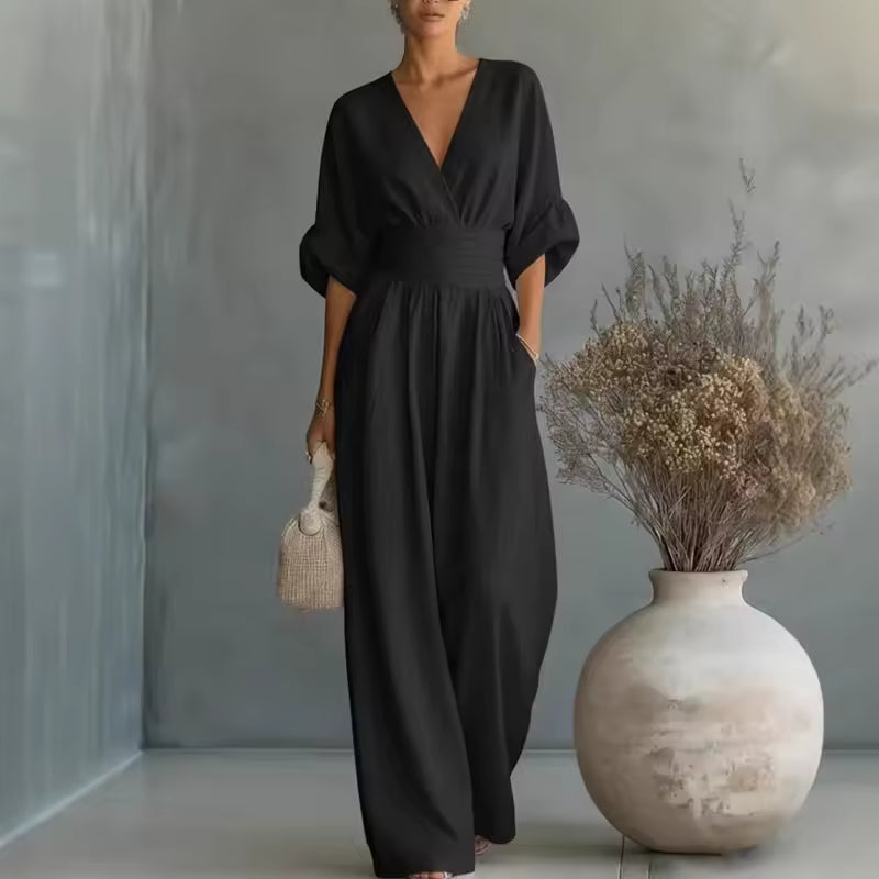 DEEP V-NECK LONG JUMPSUIT WITH 3/4 SLEEVES