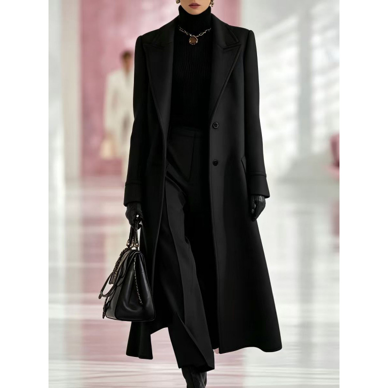 Elegant Classic Lapel Single-breasted Long Tweed Coat