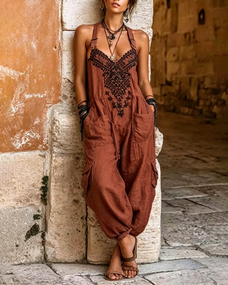 Women's V-neck Sleeveless Wide-leg Jumpsuit — Casual, Loose-fit Cotton-linen Blend With Placement Print