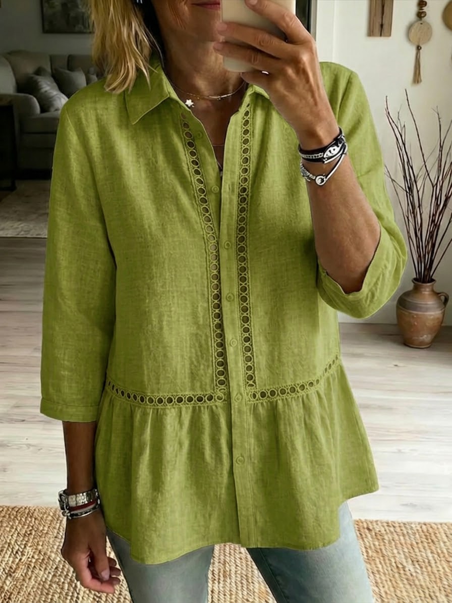 Effortless Bohemian Linen Blend Top with Delicate Hollow-Out Detail