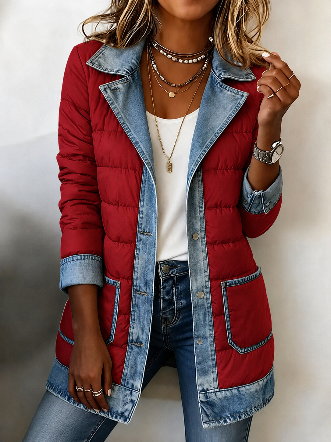 Modern Denim-Spliced Quilted Puffer Jacket
