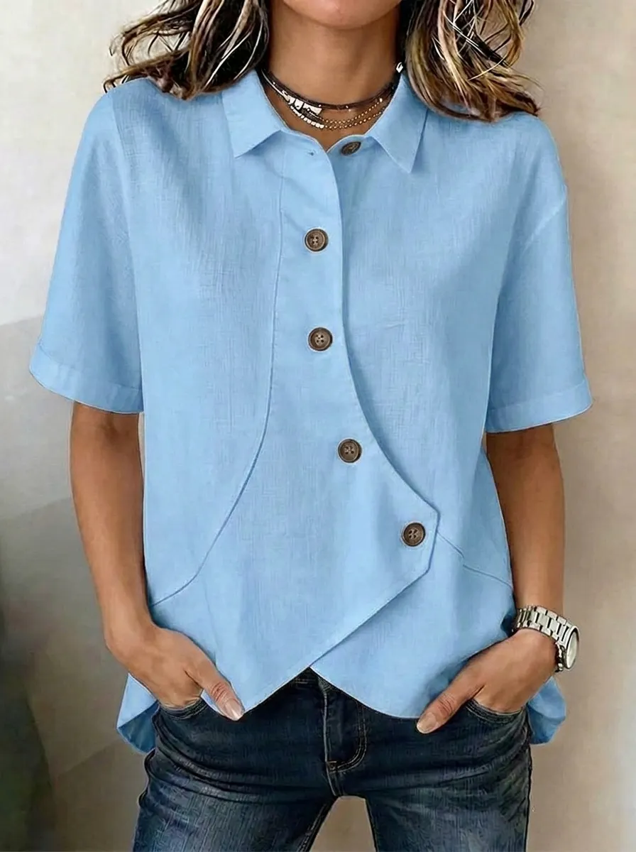 Women's asymmetric linen-blend blouse with button placket