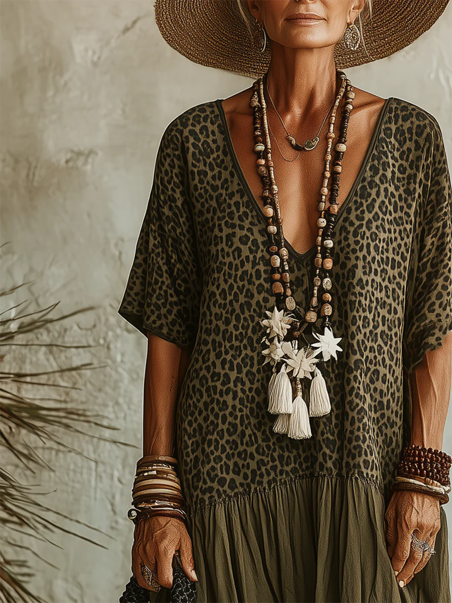 Casual Leopard-print Spliced ​​chiffon & Cotton Dress