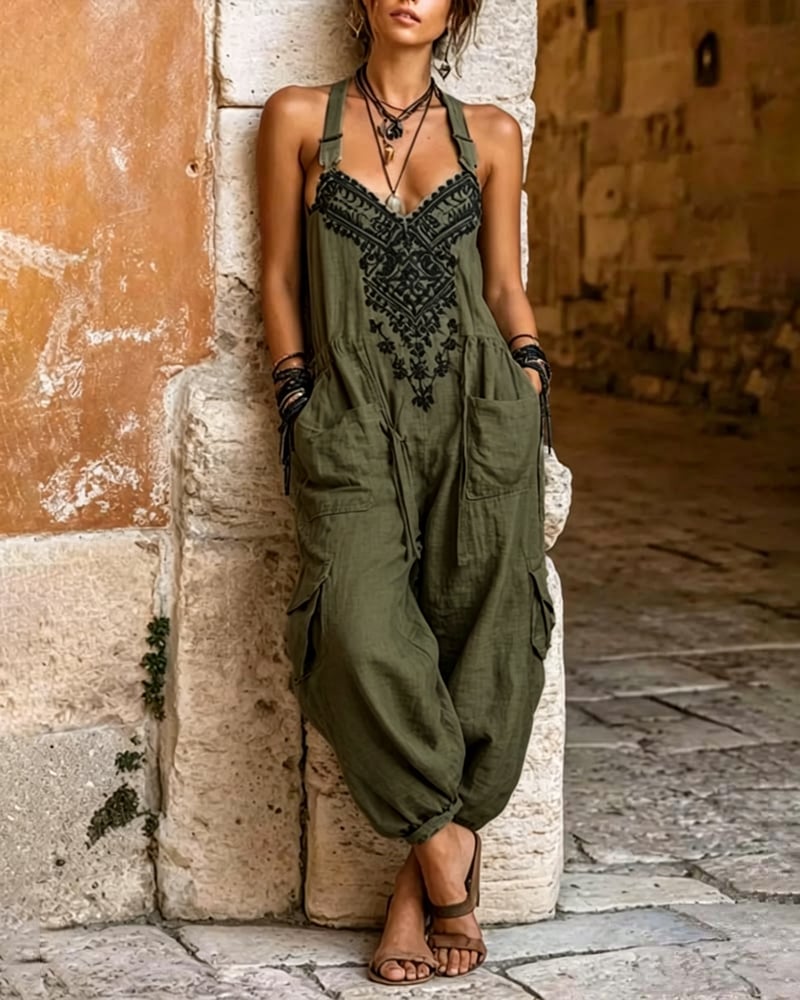 Women's V-neck Sleeveless Wide-leg Jumpsuit — Casual, Loose-fit Cotton-linen Blend With Placement Print