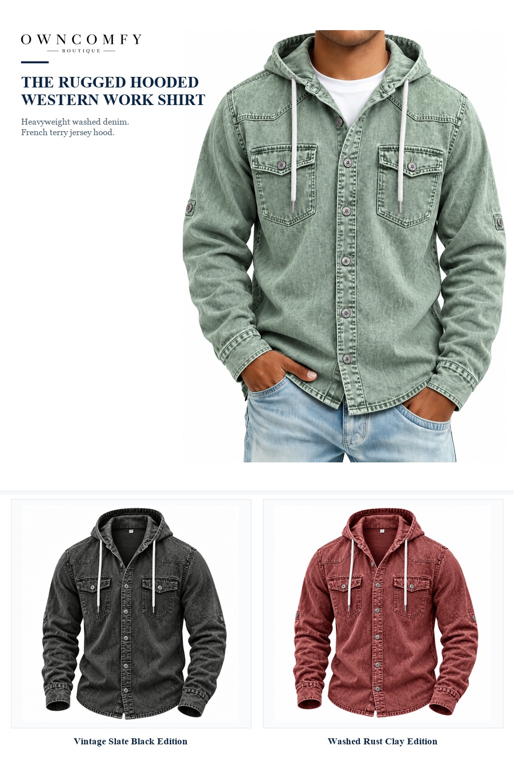OWNCOMFY Washed Hooded Western Denim Work Shirt