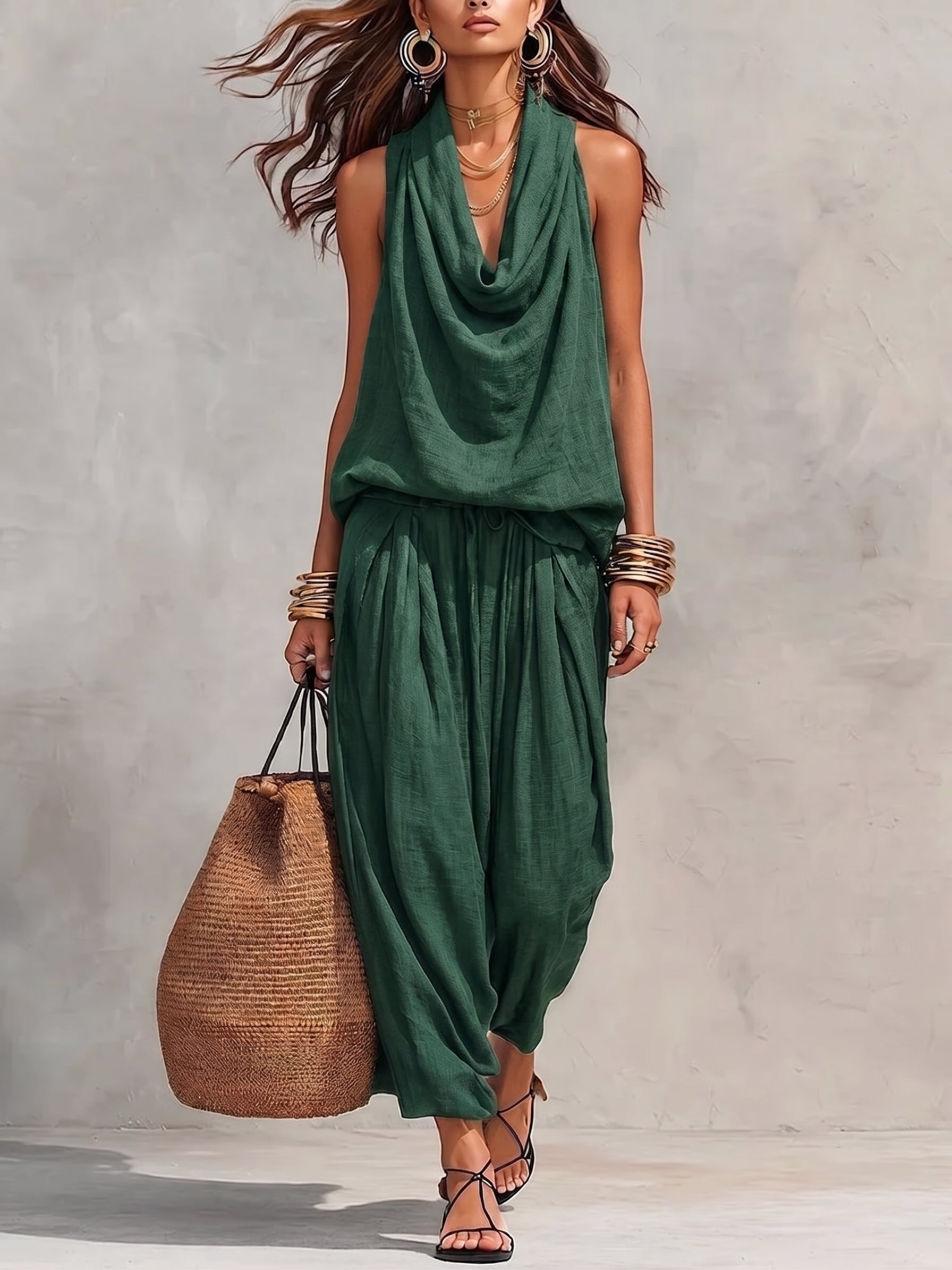 Women's Casual Halter-neck Wide-leg Jumpsuit With Cowl Neck