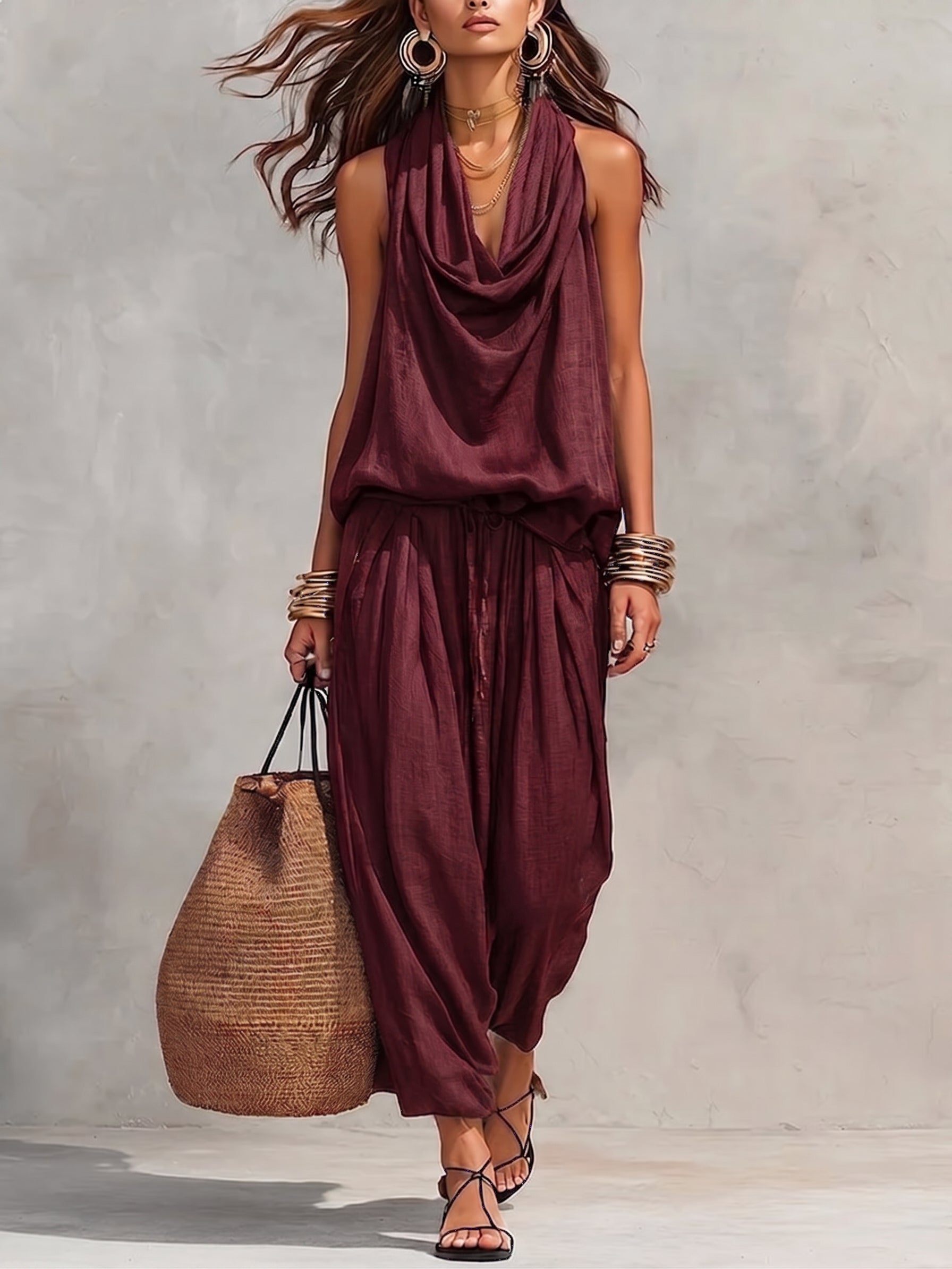 Women's Casual Halter-neck Wide-leg Jumpsuit With Cowl Neck