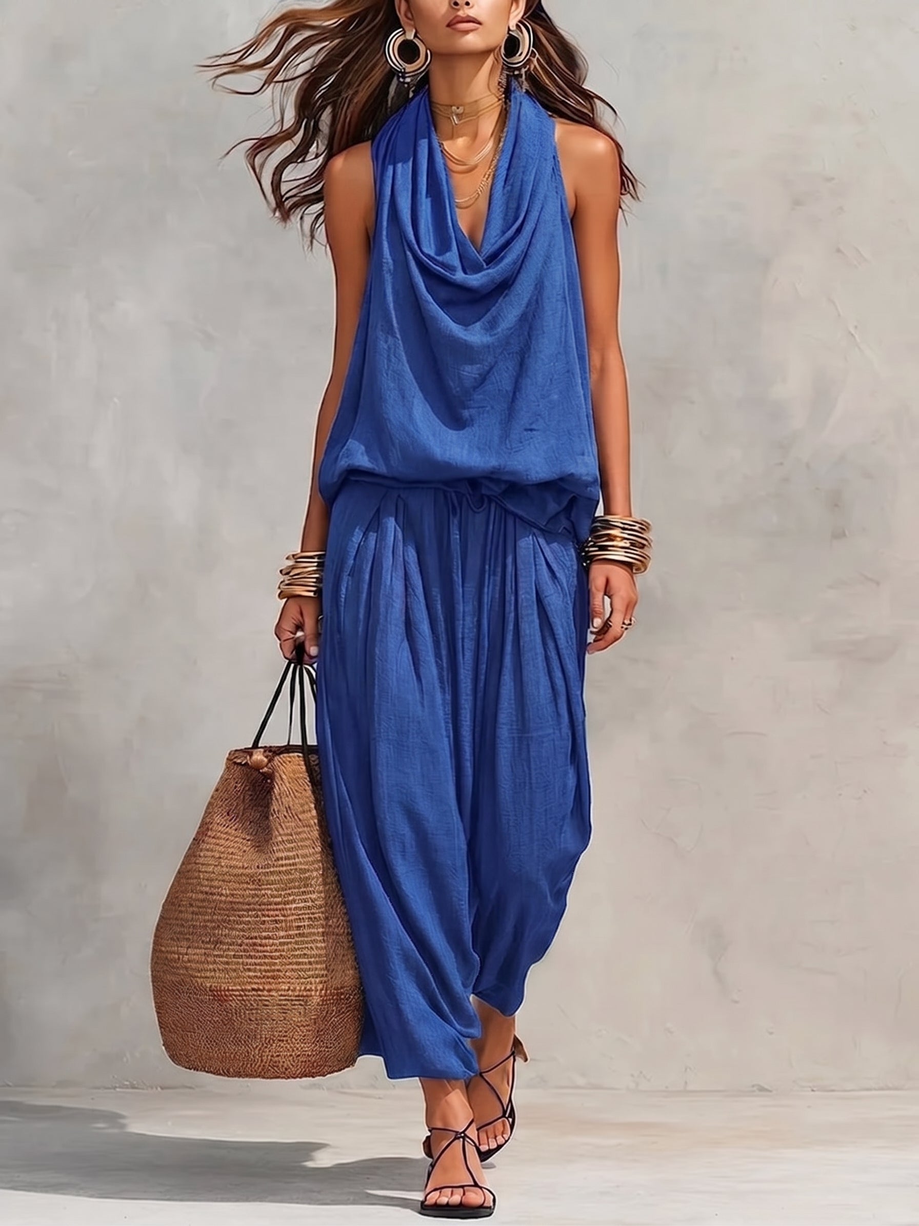 Women's Casual Halter-neck Wide-leg Jumpsuit With Cowl Neck
