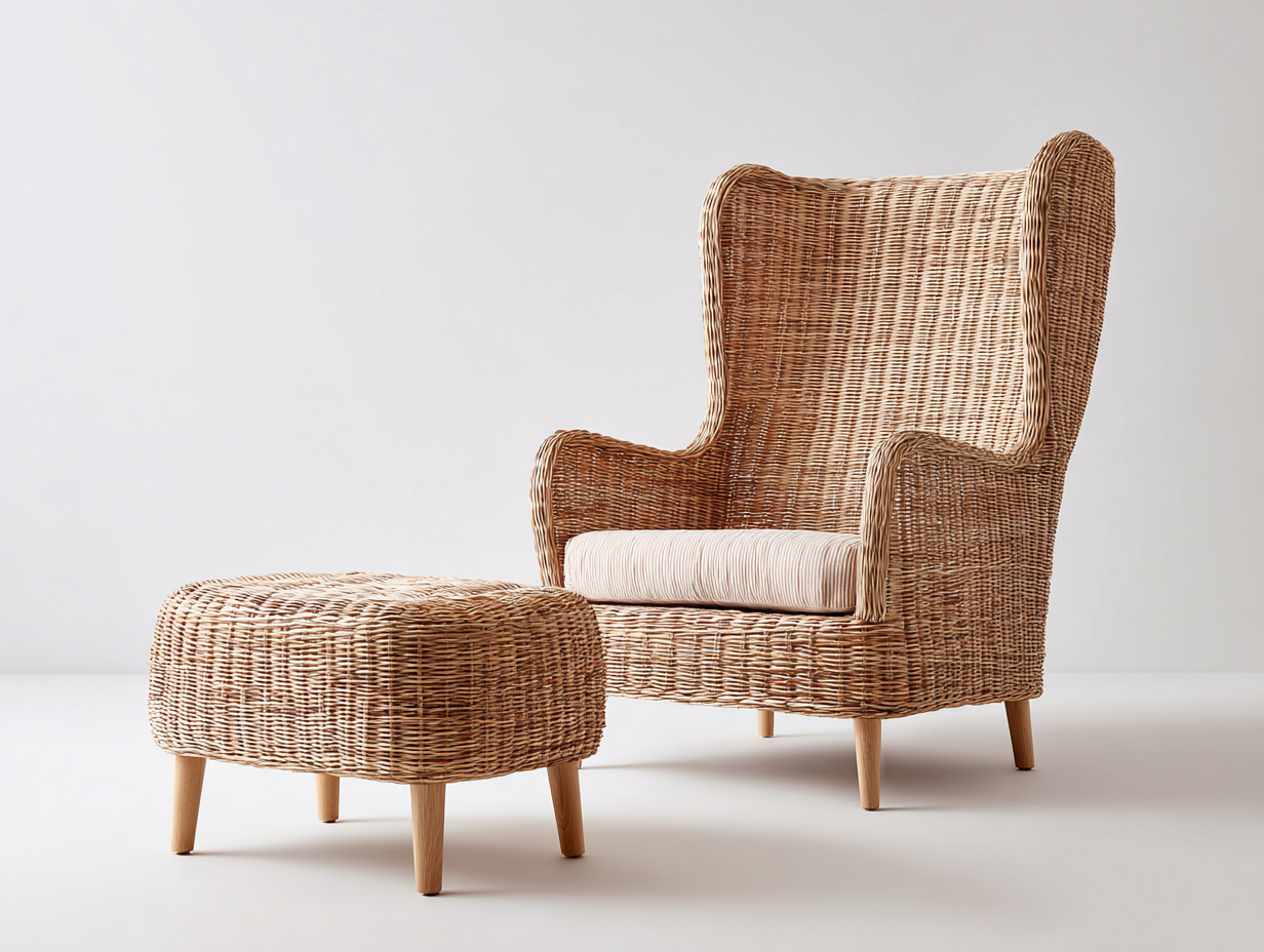 Poltrona da giardino con poggiapiedi - rattan-tessuto-legno - 86x96x145 cm - naturale-beige - stile boho-Niriaoliving