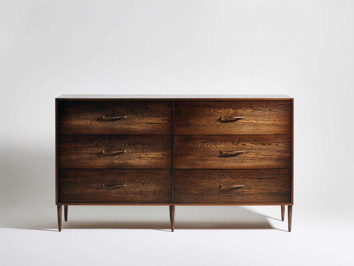 Cassettiera-Legno massello-Legno-Metallo-136x42x79 cm-noce scuro-stile mid-century-Savaohaus