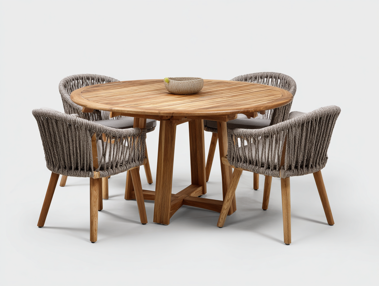 Set da pranzo da esterno - legno-corda-tessuto - 122x122x76 cm - teak naturale-grigio - naturale-Dotihanest