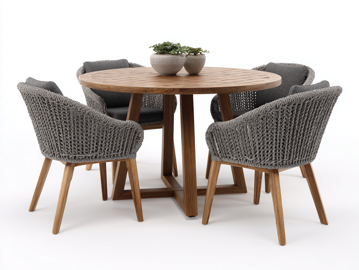 Set da pranzo da esterno - legno-corda-tessuto - 120x120x76 cm - rovere naturale-grigio - moderno-Dotihanest
