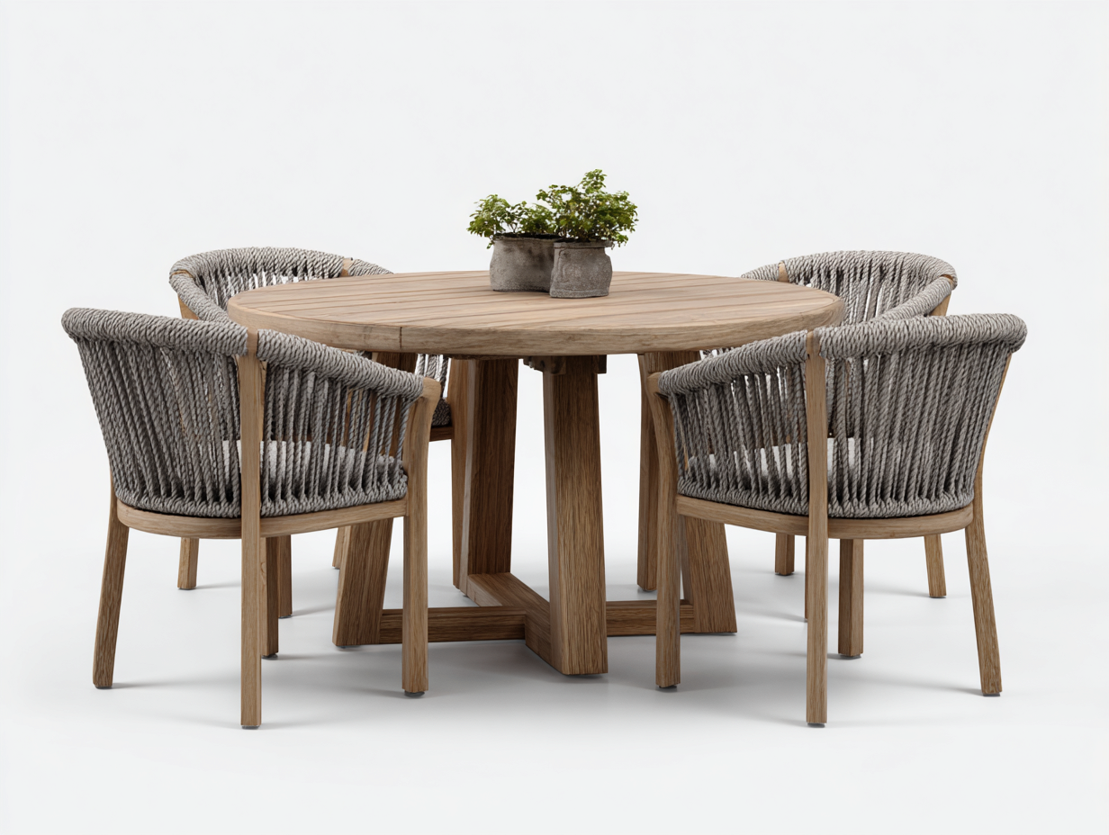 Set da pranzo da esterno - legno-corda-tessuto - 118x118x75 cm - naturale-grigio chiaro - contemporaneo-Dotihanest