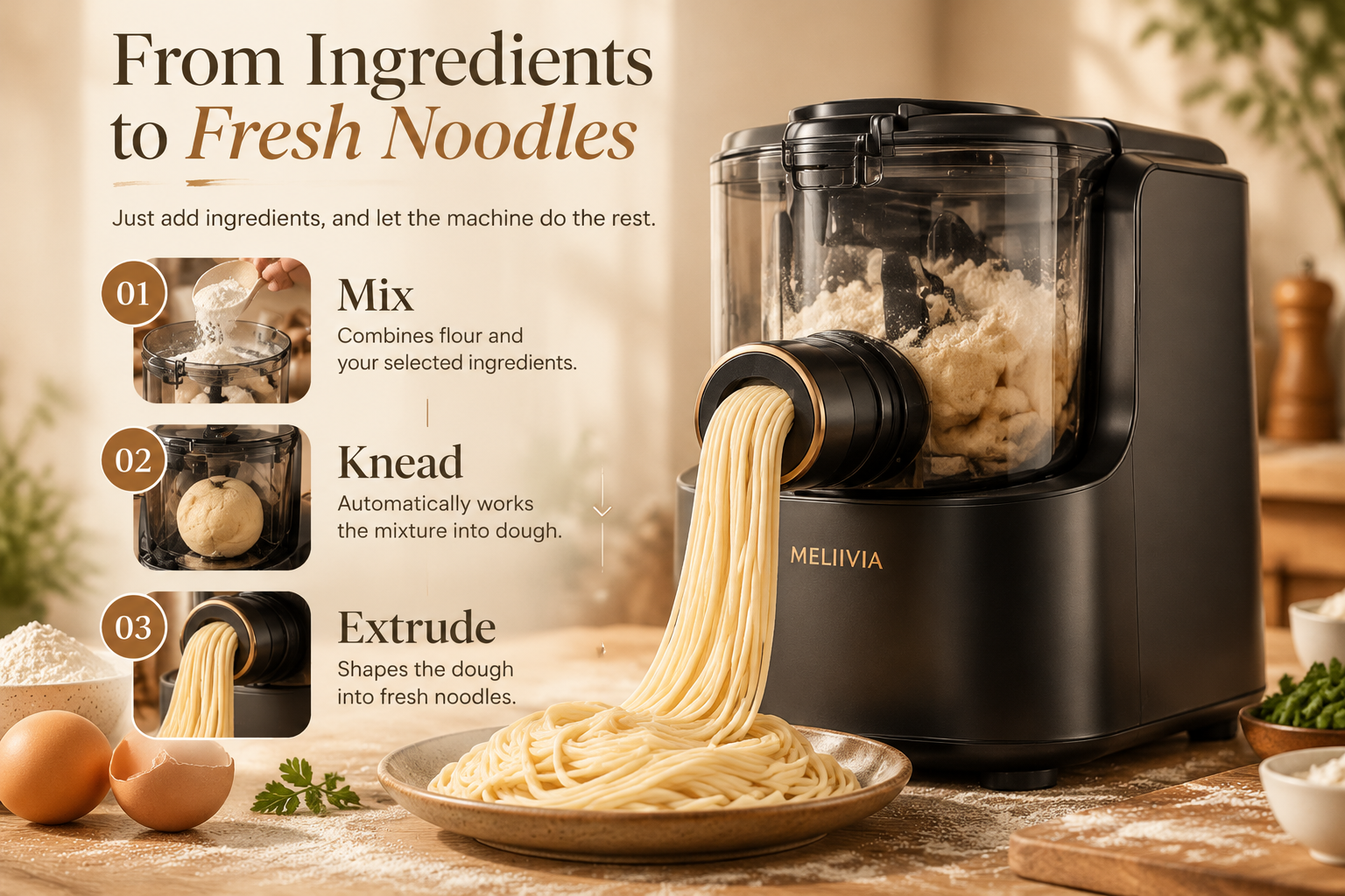 From ingredients to fresh noodles - mixing kneading and extruding