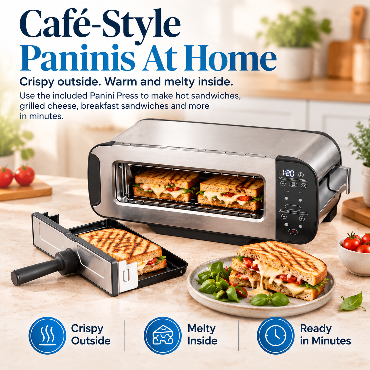 Meliivia toaster in grill mode with panini press accessory and golden toasted sandwiches