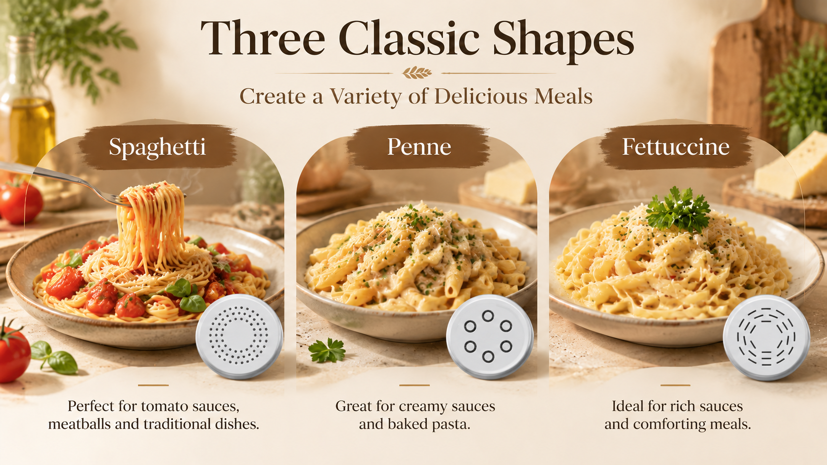 Three classic pasta shapes - Spaghetti Penne and Fettuccine