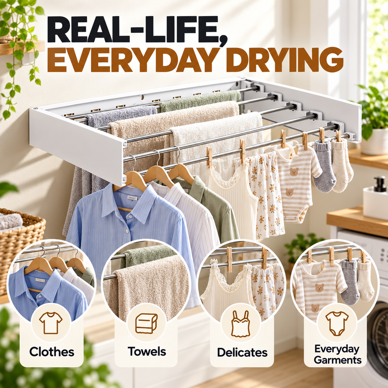 Everyday clothes and towels drying on wall rack