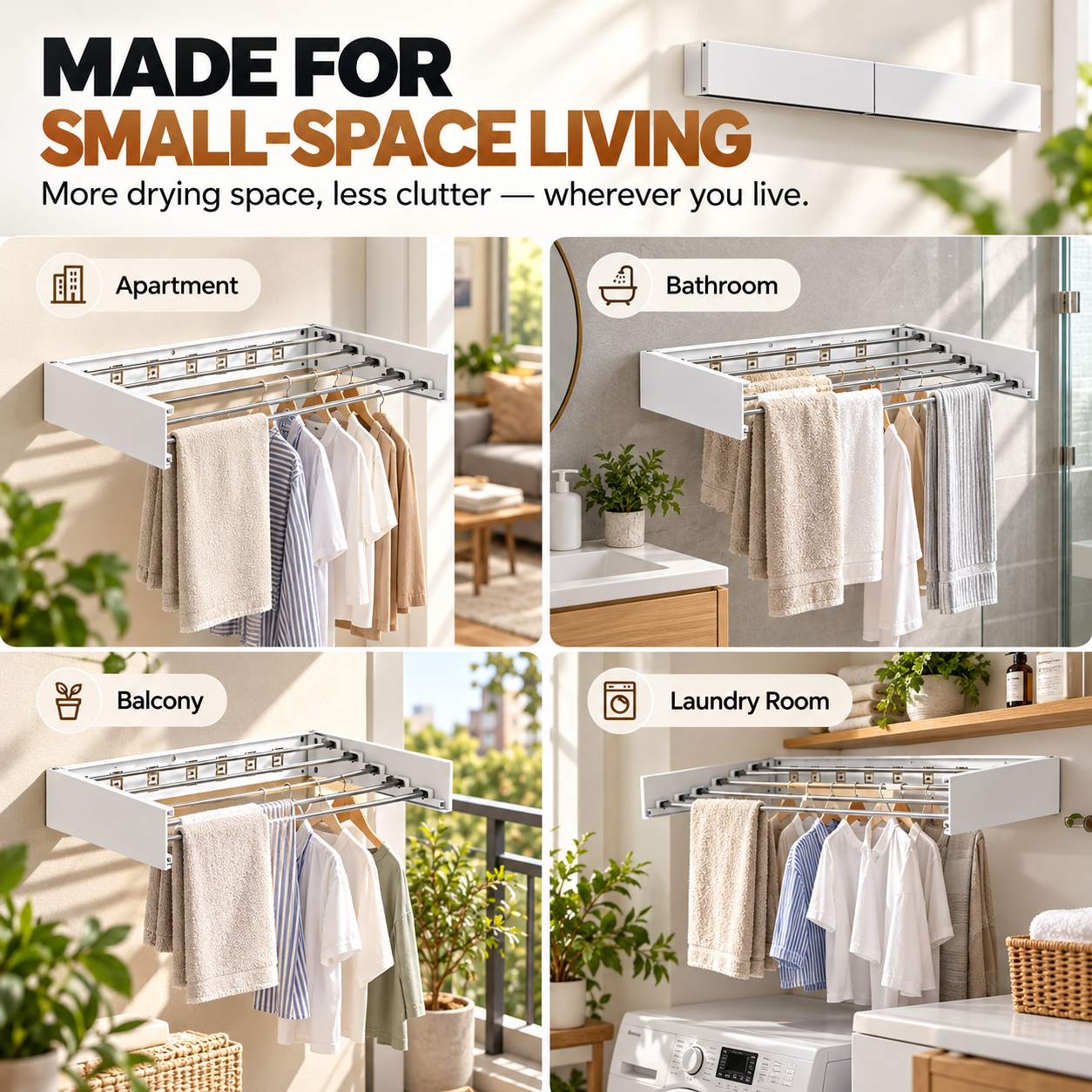 Wall mounted drying rack for apartments bathrooms balconies and laundry rooms