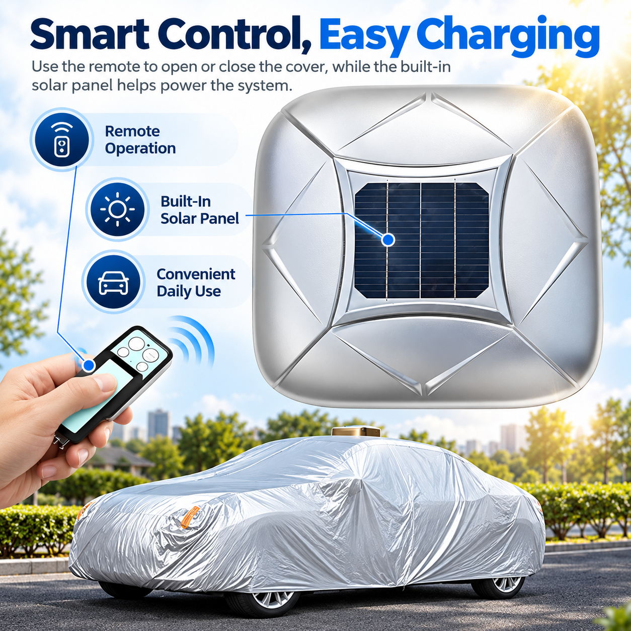 Solar powered remote controlled automatic car cover