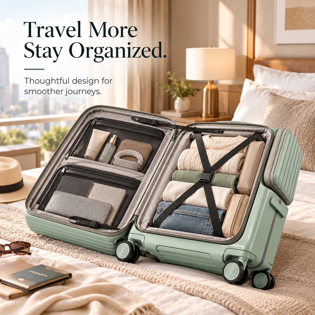 Open sage green suitcase with organized packing compartments