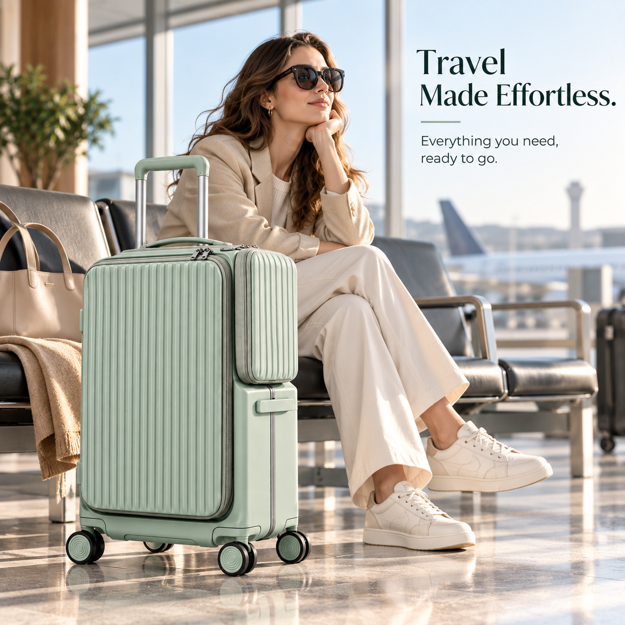 Traveler relaxing beside a sage green suitcase at the airport