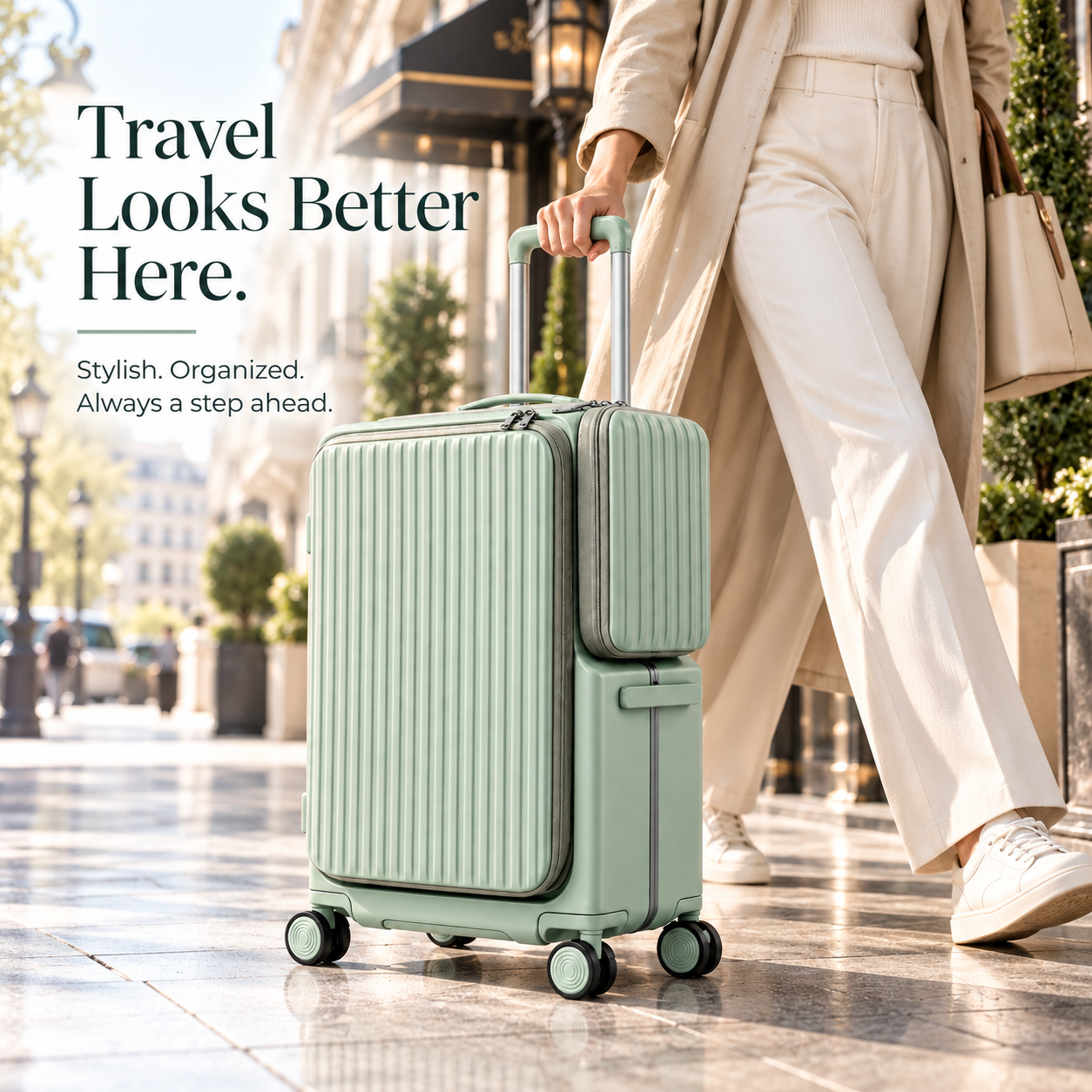 Traveler pulling a sage green suitcase along a city street