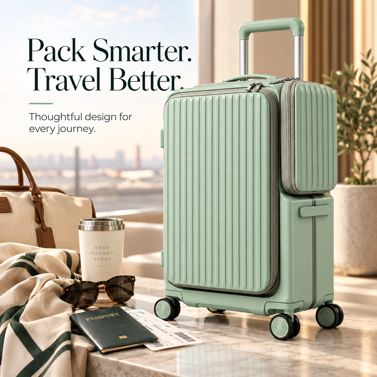 Sage green ribbed hard-shell suitcase ready for a journey