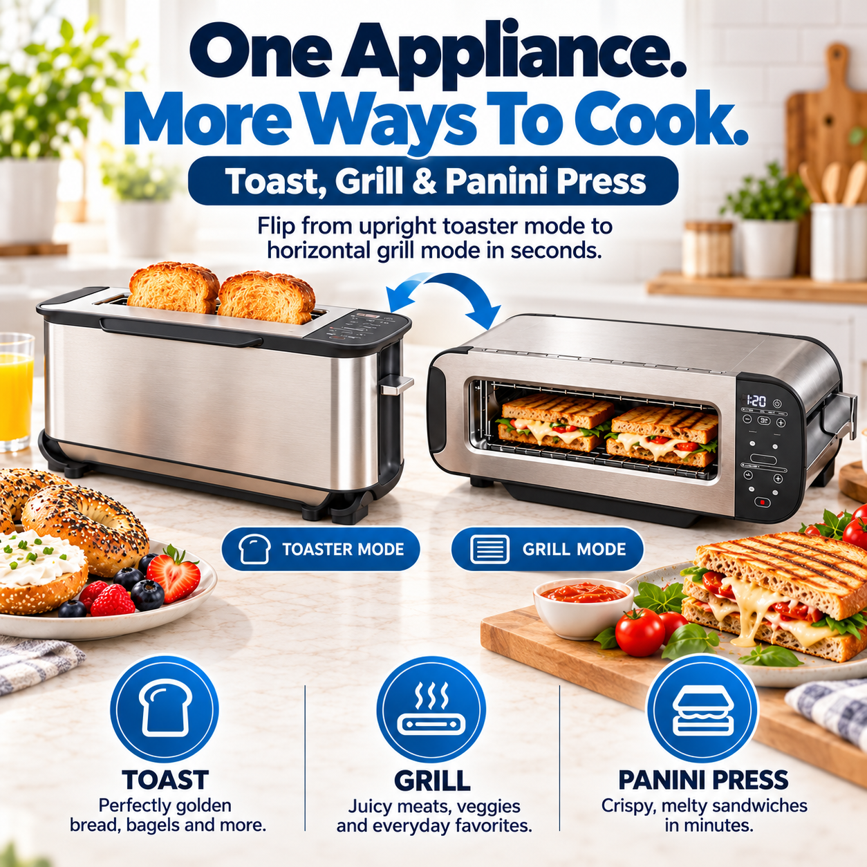 Meliivia flip toaster in toaster and grill modes with toast and panini sandwiches