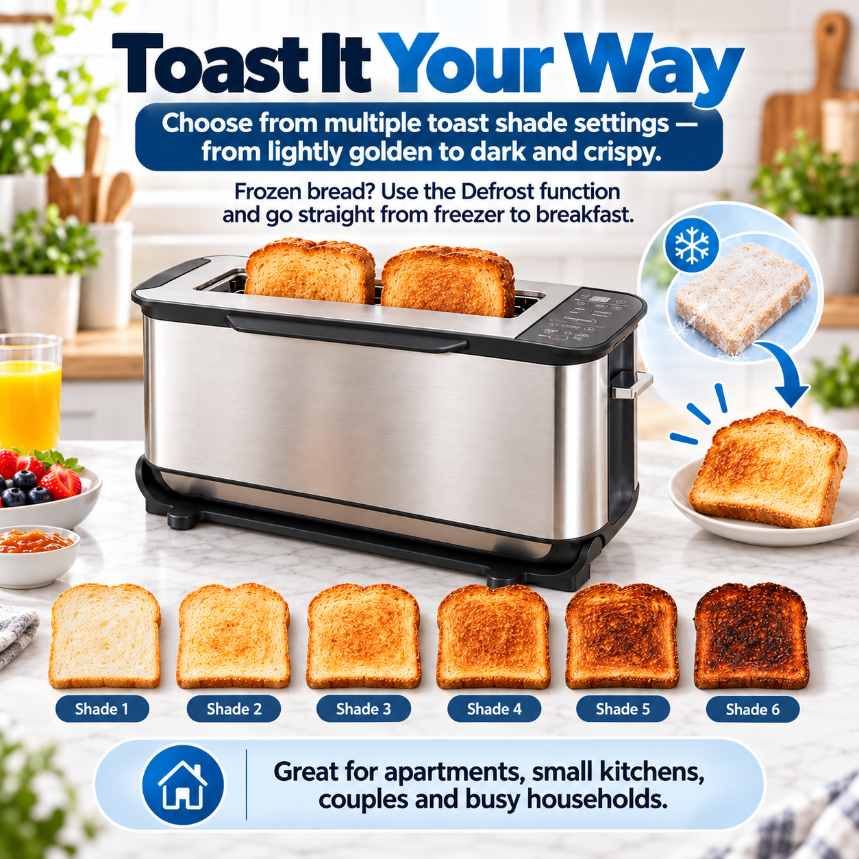 Multiple toast shade settings, frozen bread defrost function and golden toast