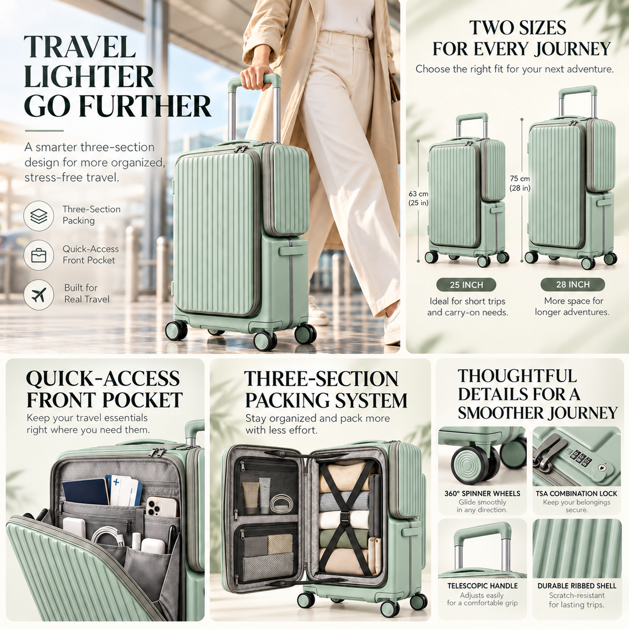 Three-section suitcase features, front pocket, packing system, wheels, handle and shell details