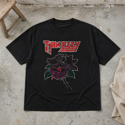 Vintage-Channel Thin Lizzy Black Rose Vintage Black T-Shirt