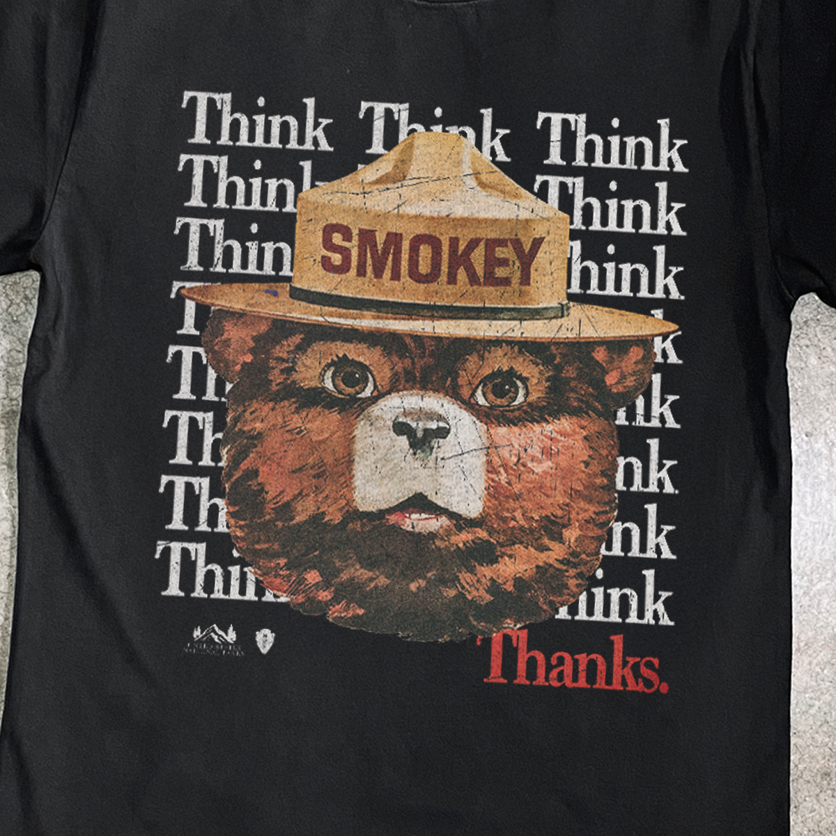 Vintage-Channel Smokey Bear 'Think. Thanks.' Heavy Faded Black Tee-Vintage-Channel