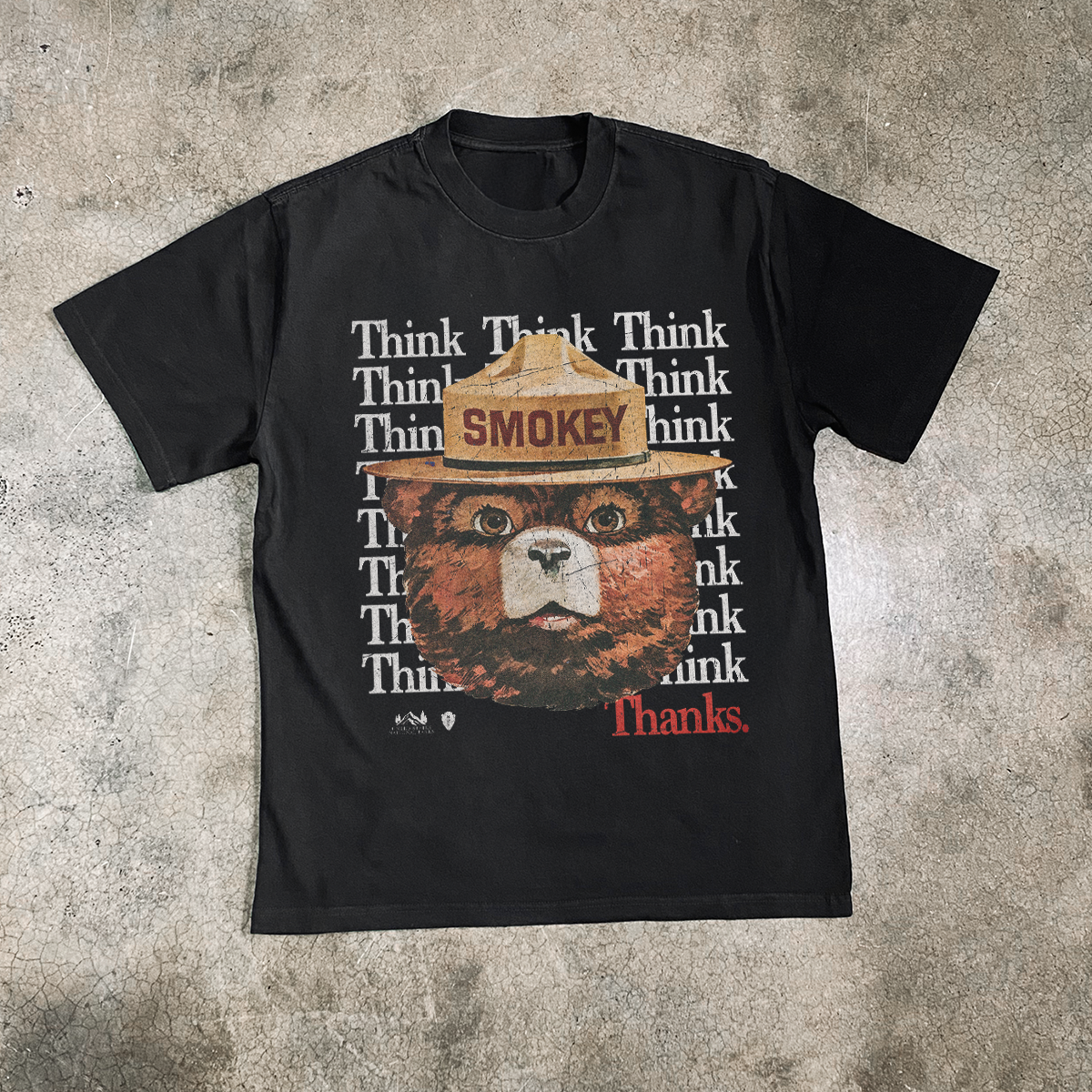 Vintage-Channel Smokey Bear 'Think. Thanks.' Heavy Faded Black Tee-Vintage-Channel