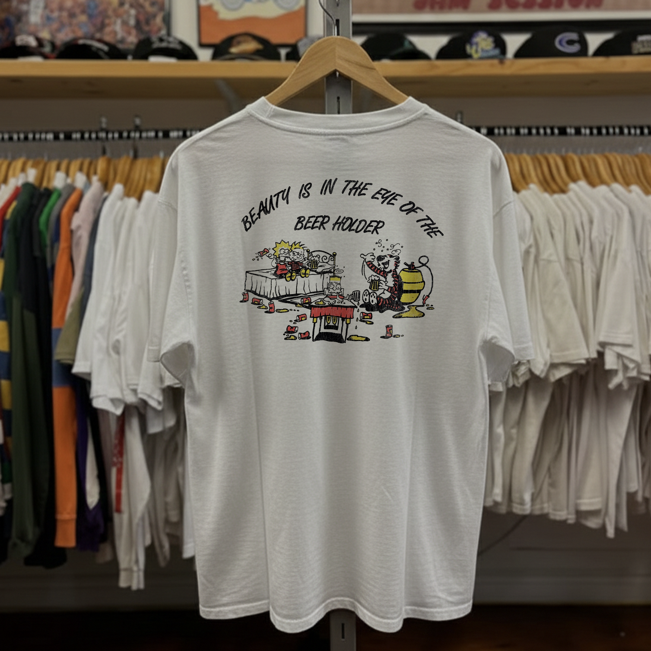 Vintage-Channel 90s Calvin & Hobbes Simpsons Beer Parody White Tee-Vintage-Channel