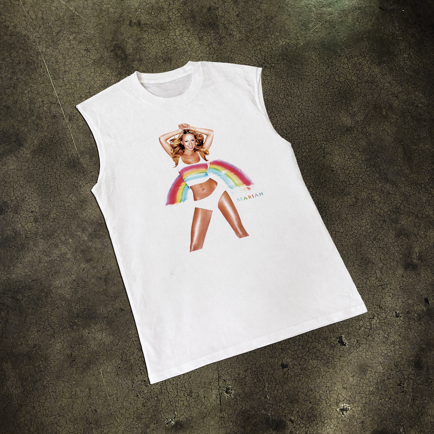 Vintage-Channel 1999 'Mariah' Rainbow Cut-Off White Tank Top-Vintage-Channel