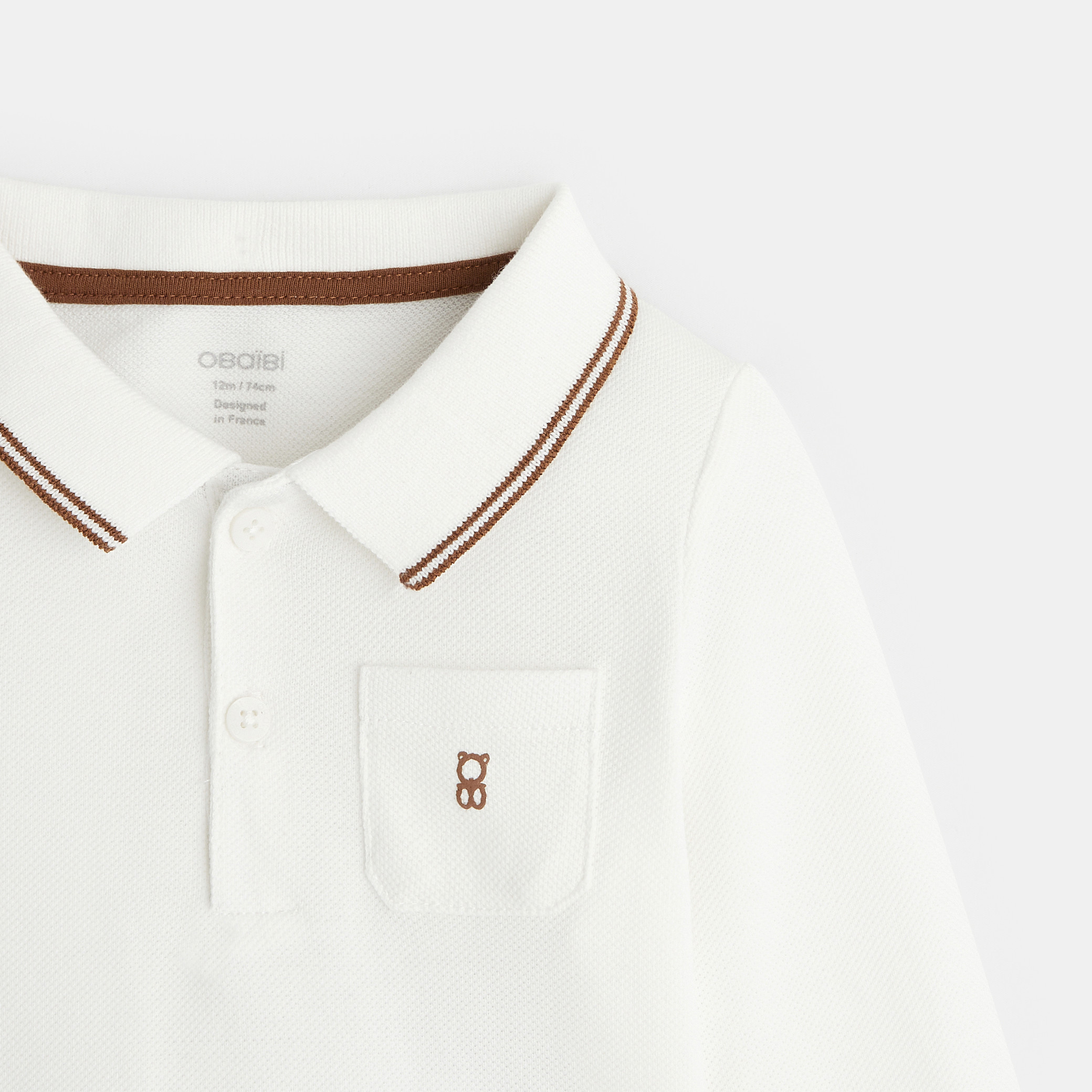 Polo piqué uni manches longues blanc bébé garçon - Blanc écru