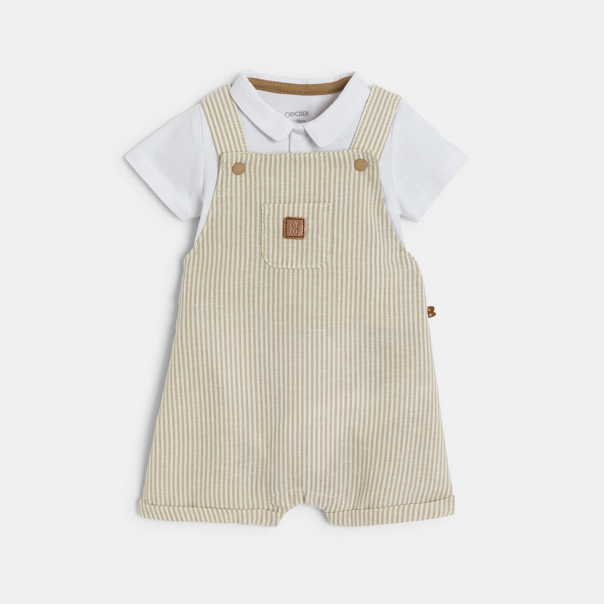 Salopette courte rayée et body beige naissance garçon - Rayures beige