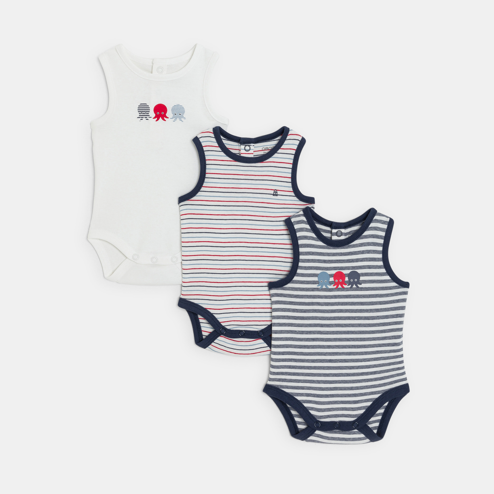 Body sans manches rayé pieuvre bleu bébé garçon (lot de 3) - bleu