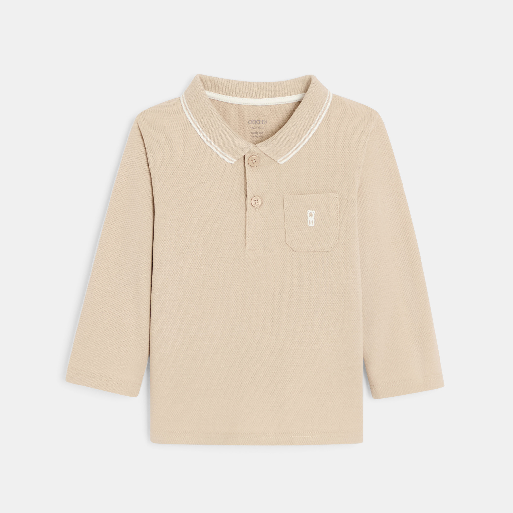 Polo piqué uni manches longues blanc bébé garçon - Beige Noix
