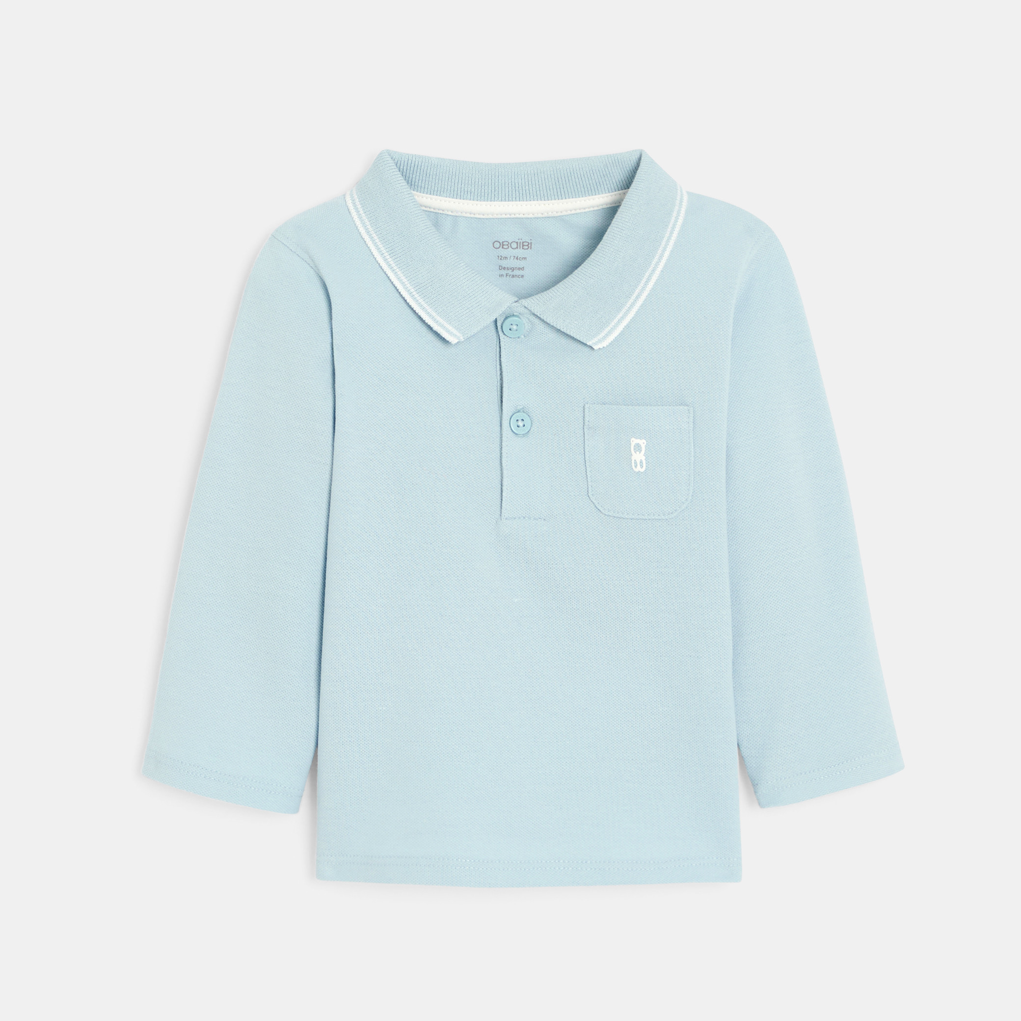 Polo piqué uni manches longues blanc bébé garçon - Bleu Clair
