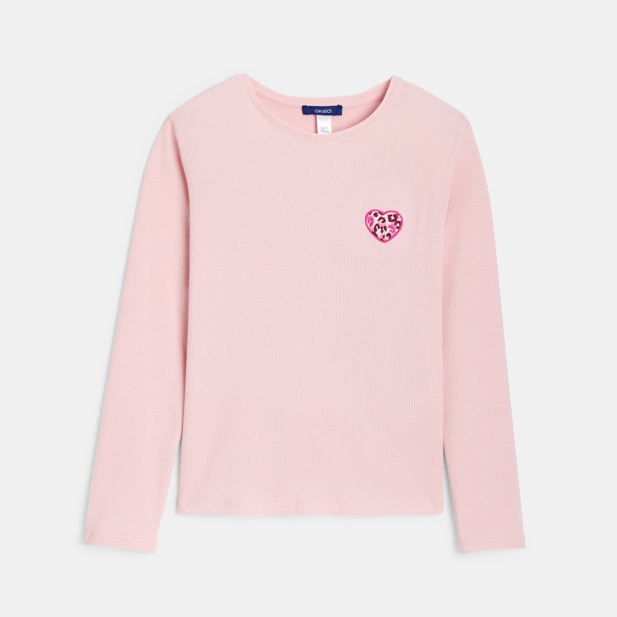 T-shirt manches longues cœur léopard noir Fille - Rose Tres Clair