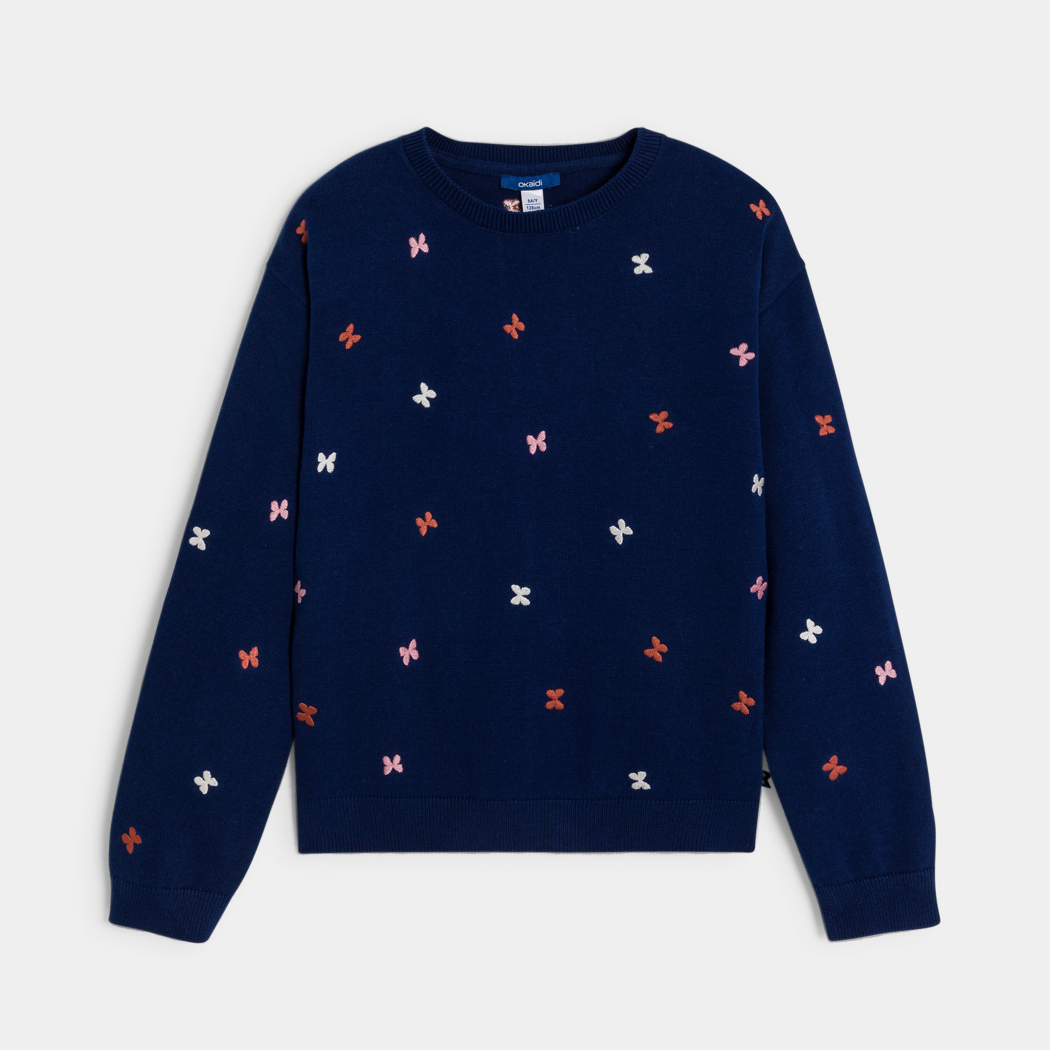 Pull brodé papillon fille bleu - Indigo Fonce