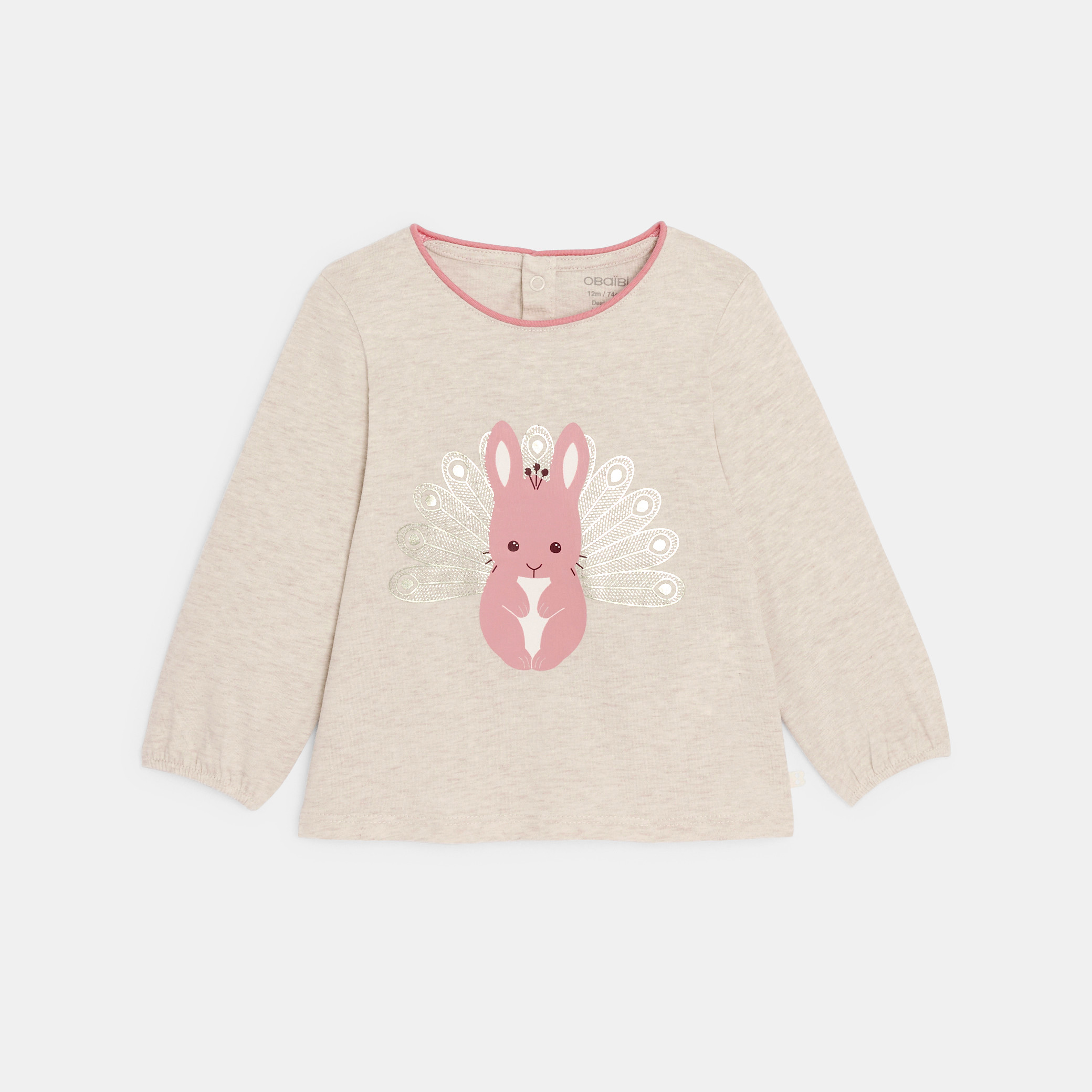 T-shirt manches longues animal blanc bébé fille - Beige Sesame