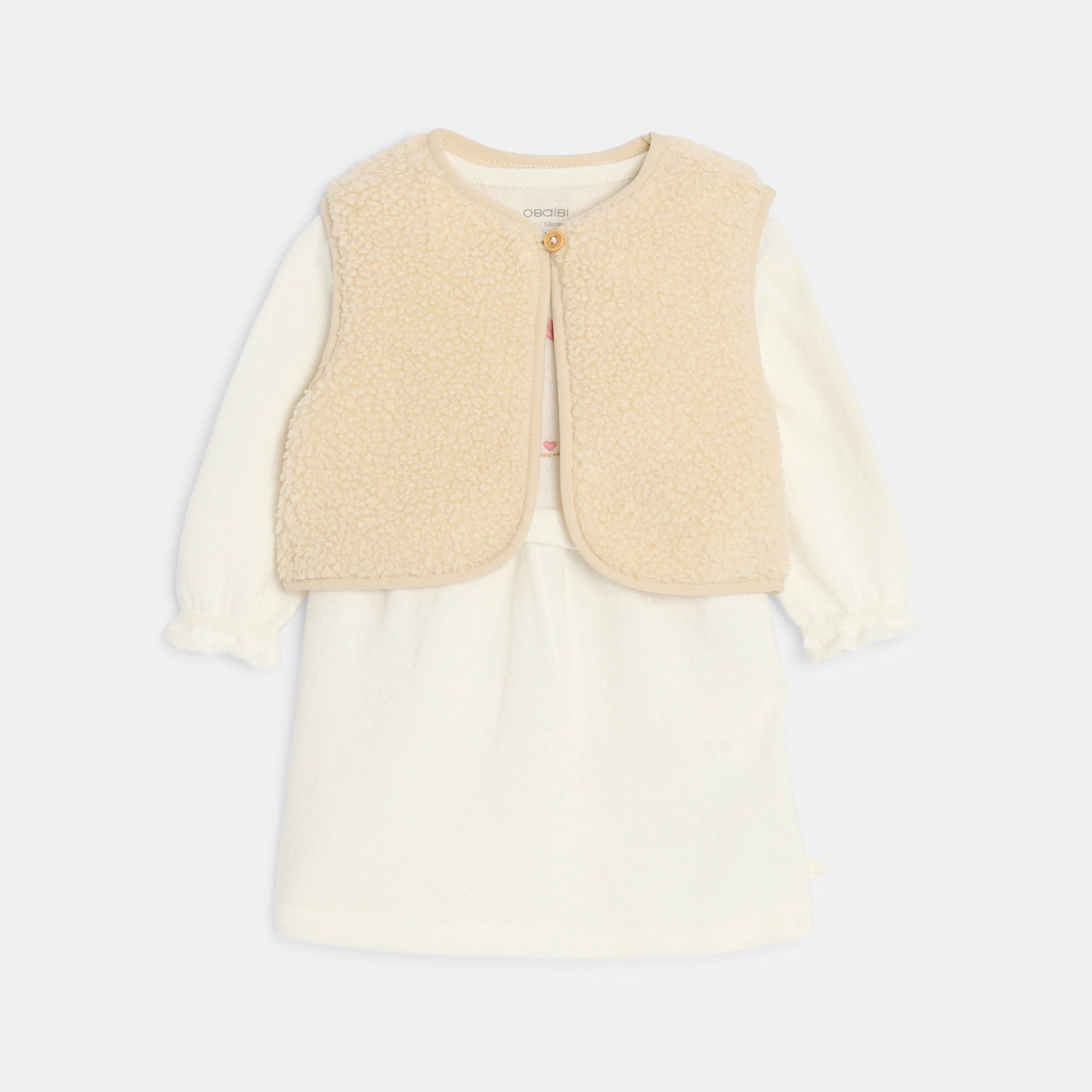Robe maille tricot souris et gilet blanc bébé fille - Blanc écru