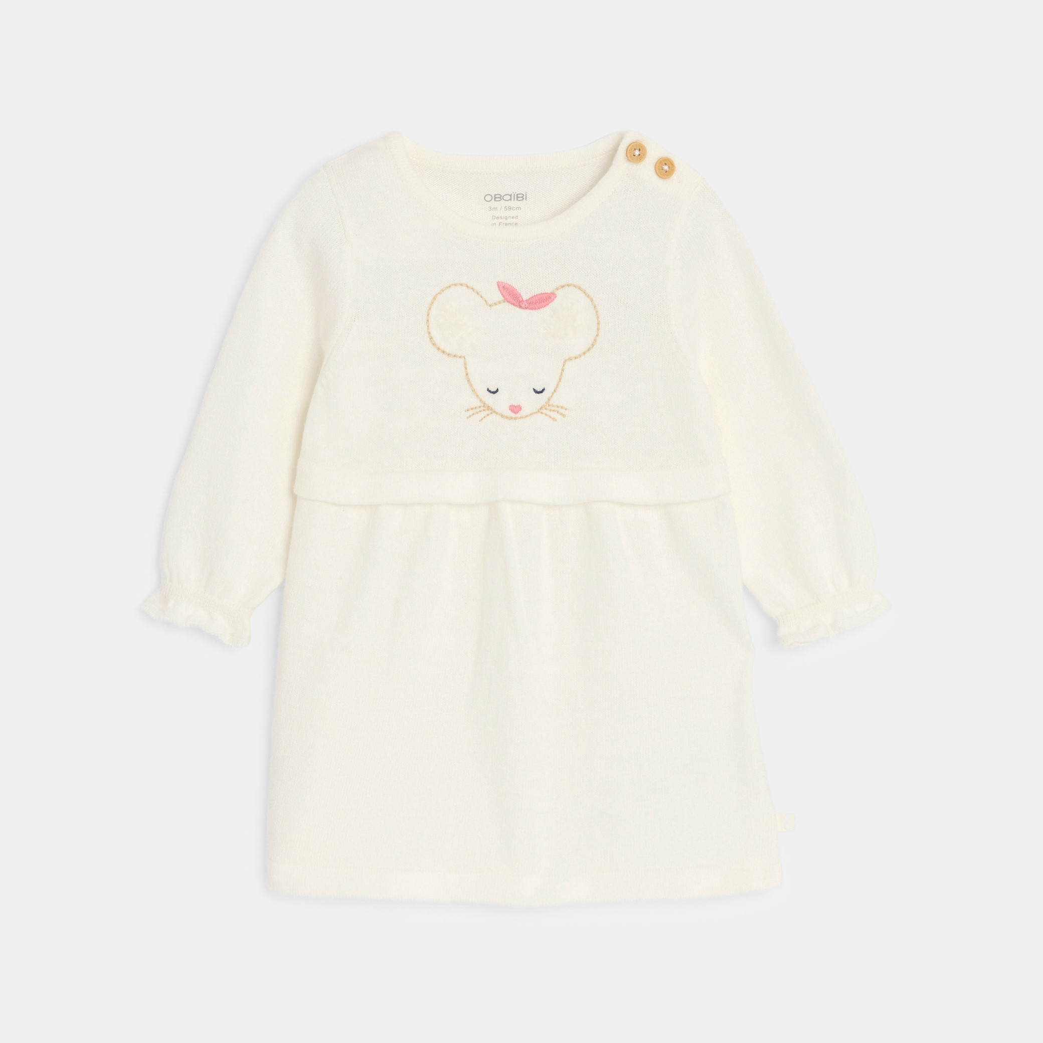 Robe maille tricot souris et gilet blanc bébé fille - Blanc écru