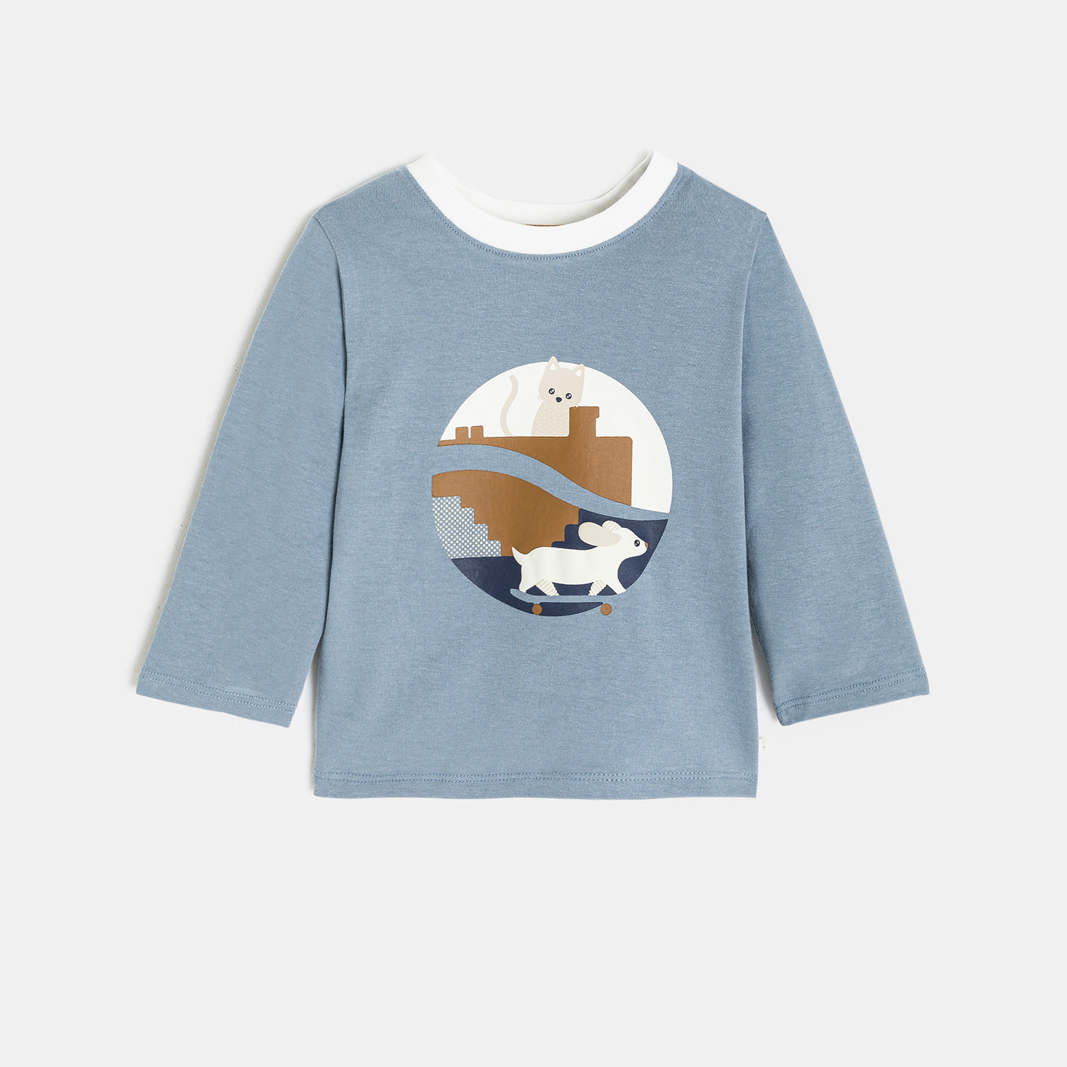 T-shirt blanc manches longues motif animal bébé garçon - Bleu horizon