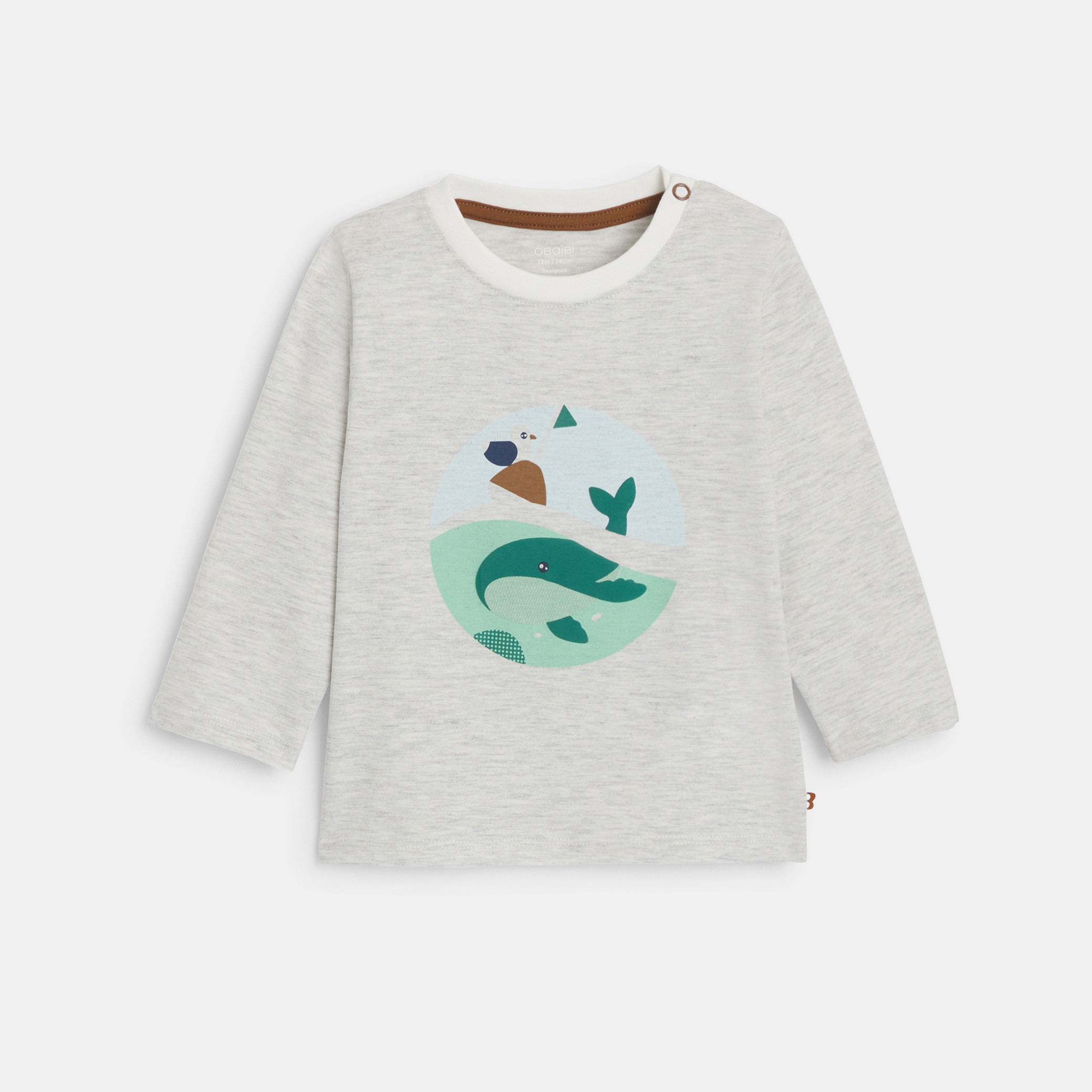 T-shirt blanc manches longues motif animal bébé garçon - Gris Chiné Clair