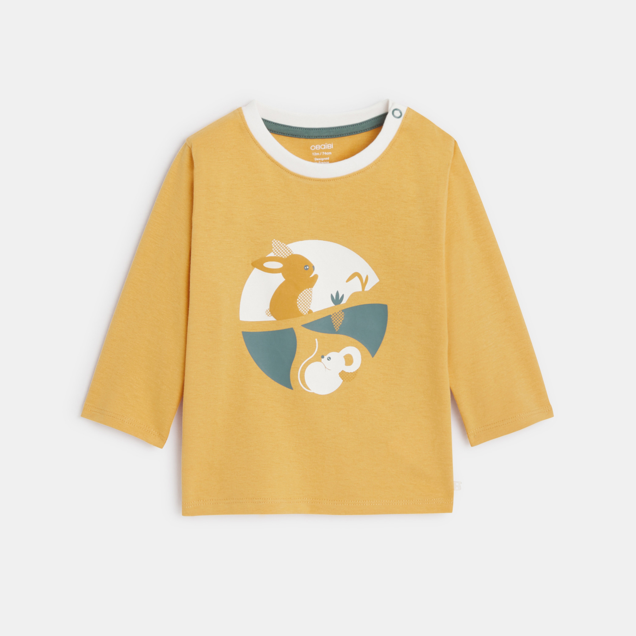 T-shirt blanc manches longues motif animal bébé garçon - Jaune Miel