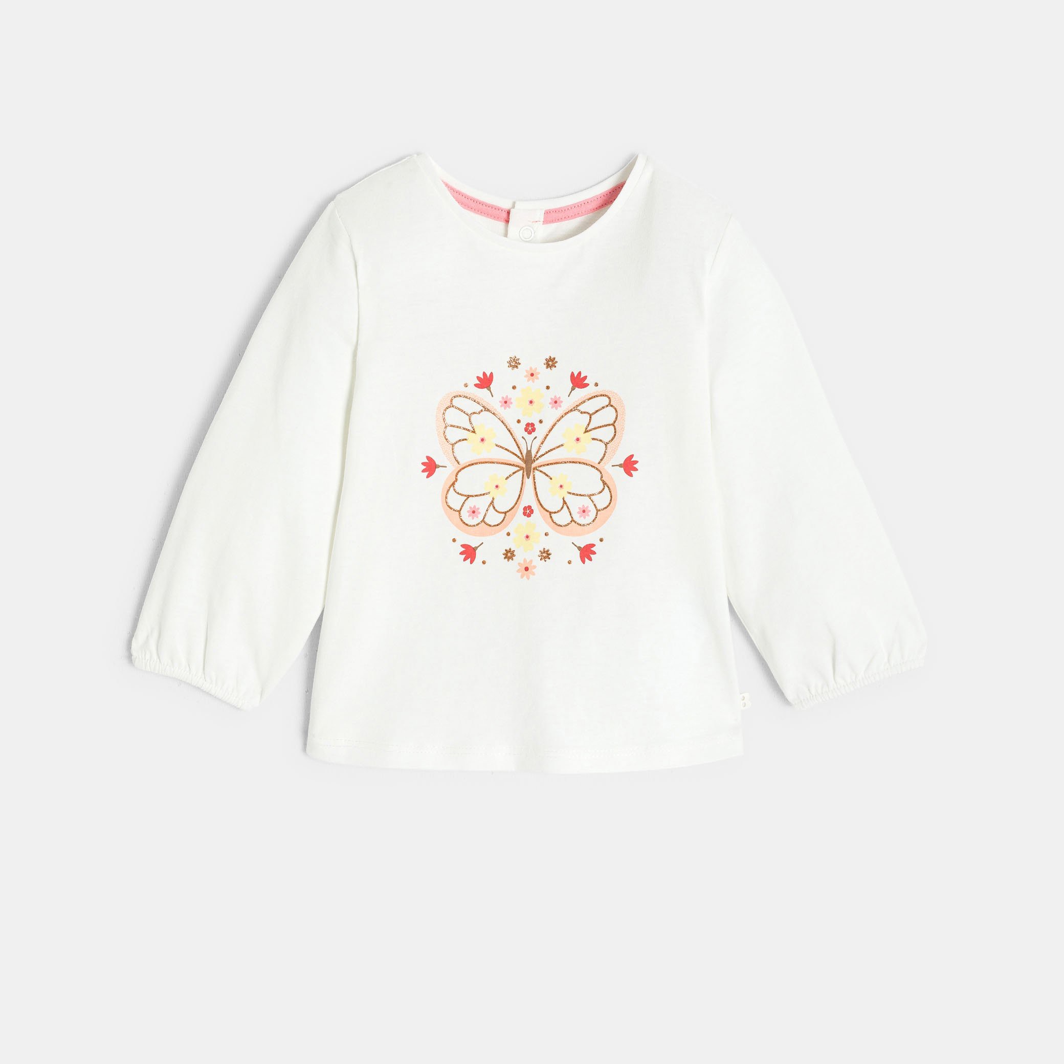 T-shirt blanc manches longues à motif animalier bébé fille - Imprimé orange